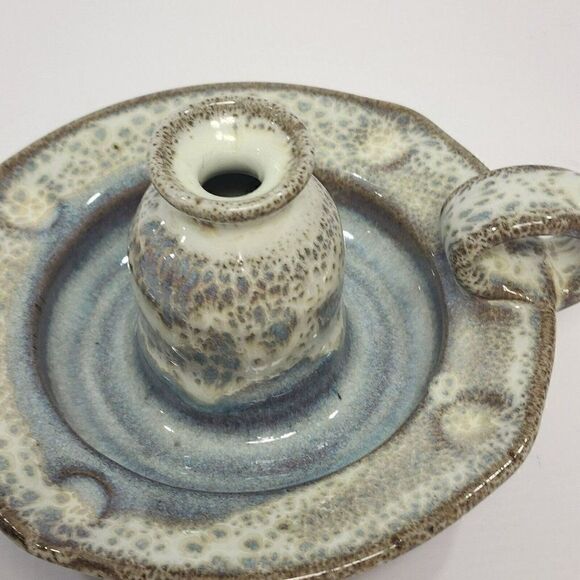 Alewine Pottery 4" Candle Holder Handle Brown Blue Speckle Incense 2011 Signed - Picture 5 of 10